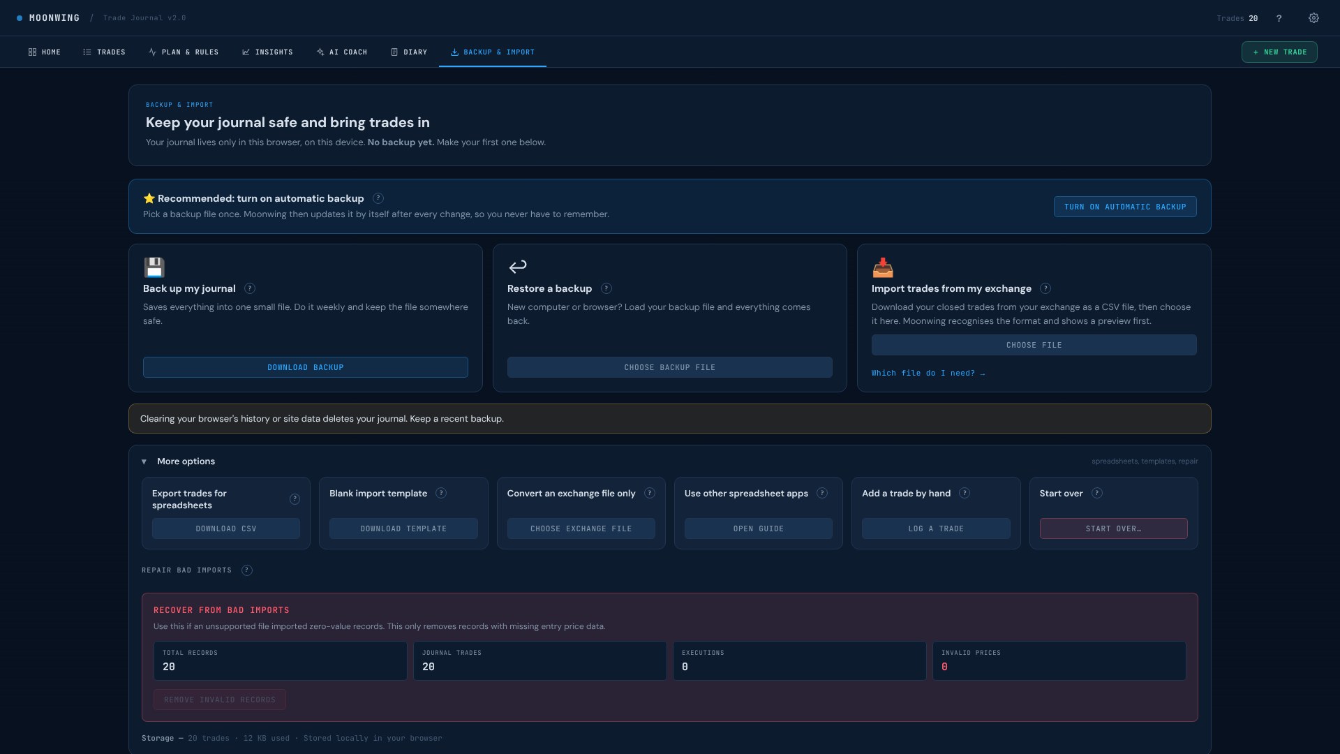Moonwing Backup & Import in App